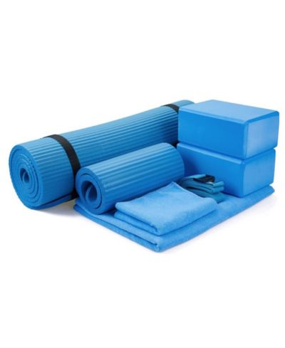 BalanceFrom Fitness 7 Piece Yoga Set with Mat, Stretch Strap and Knee Pad, Blue