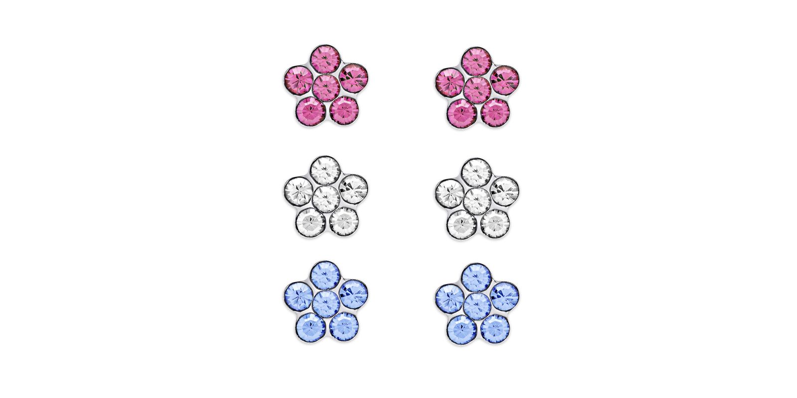 Lily Nily Crystal Flowers 3 Pairs Studs Set in Sterling Silver