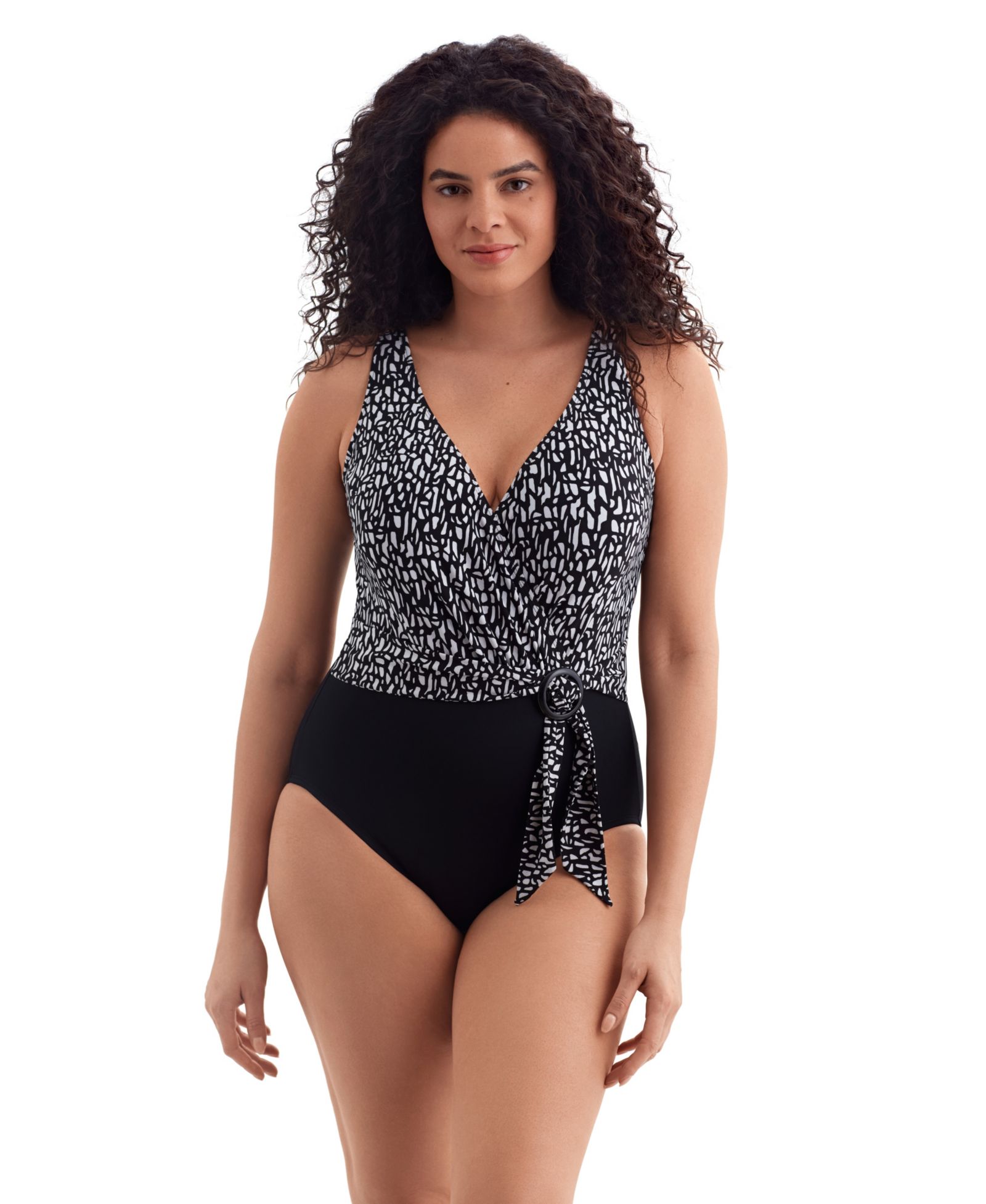 Longitude Women's Paper Mache Belted Surplice Long Torso One-Piece Swimsuit