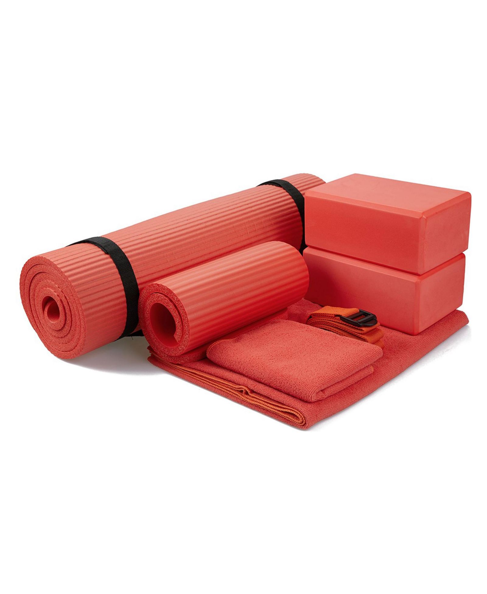 BalanceFrom Fitness 7 Piece Yoga Set with Mat, Stretch Strap and Knee Pad, Red