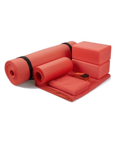 BalanceFrom Fitness 7 Piece Yoga Set with Mat, Stretch Strap and Knee Pad, Red