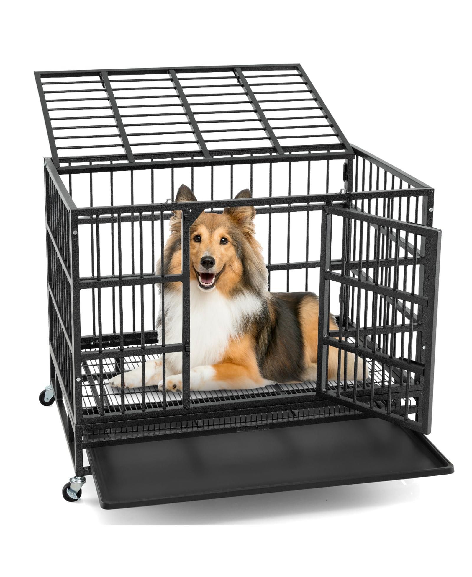 38 Inch Foldable Heavy-Duty Metal Dog Cage with Lockable Rolling Casters and Tray