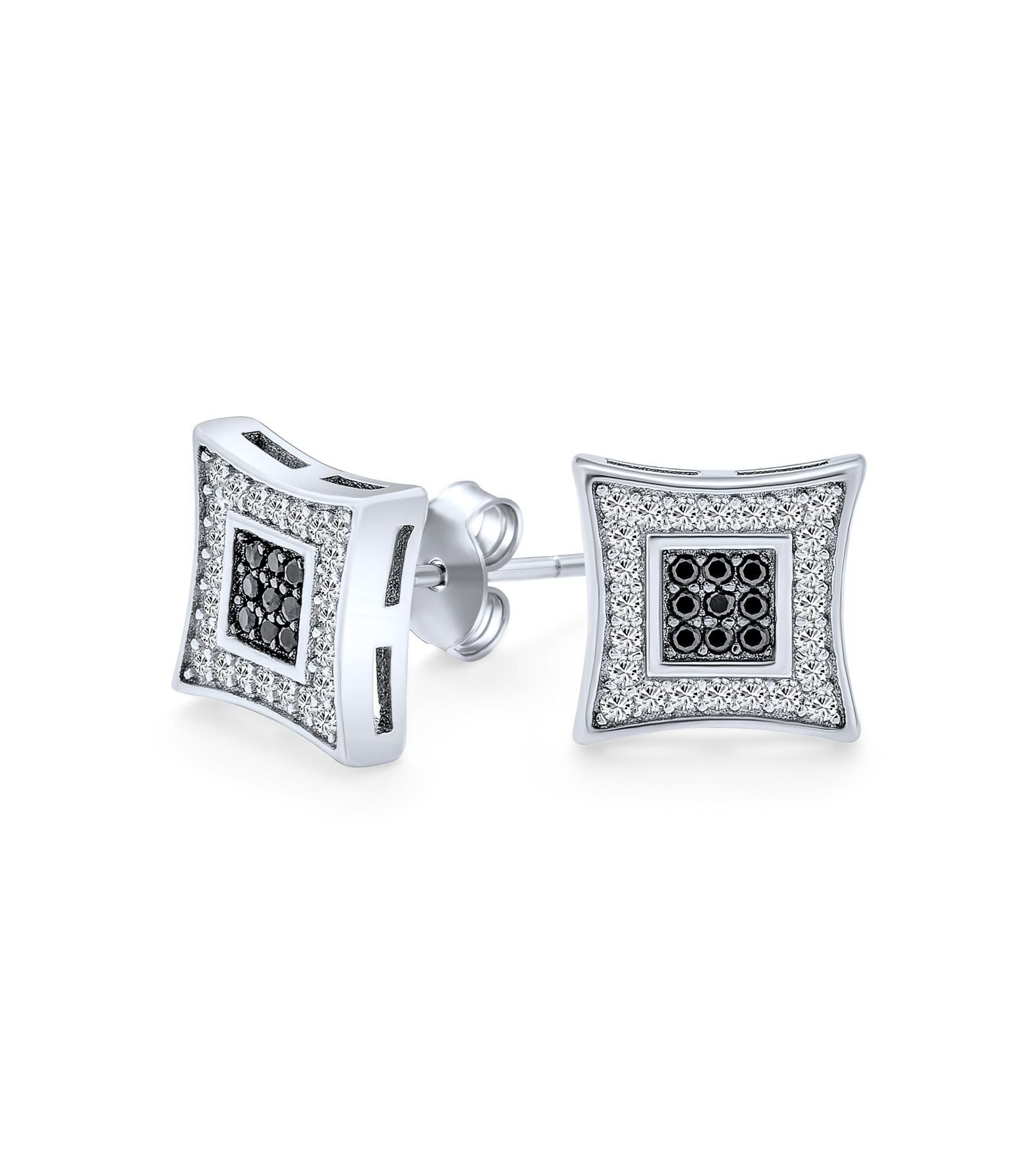 Bling Jewelry Contemporary Men's Black and White CZ Kite Stud Earrings Sterling Silver 10MM