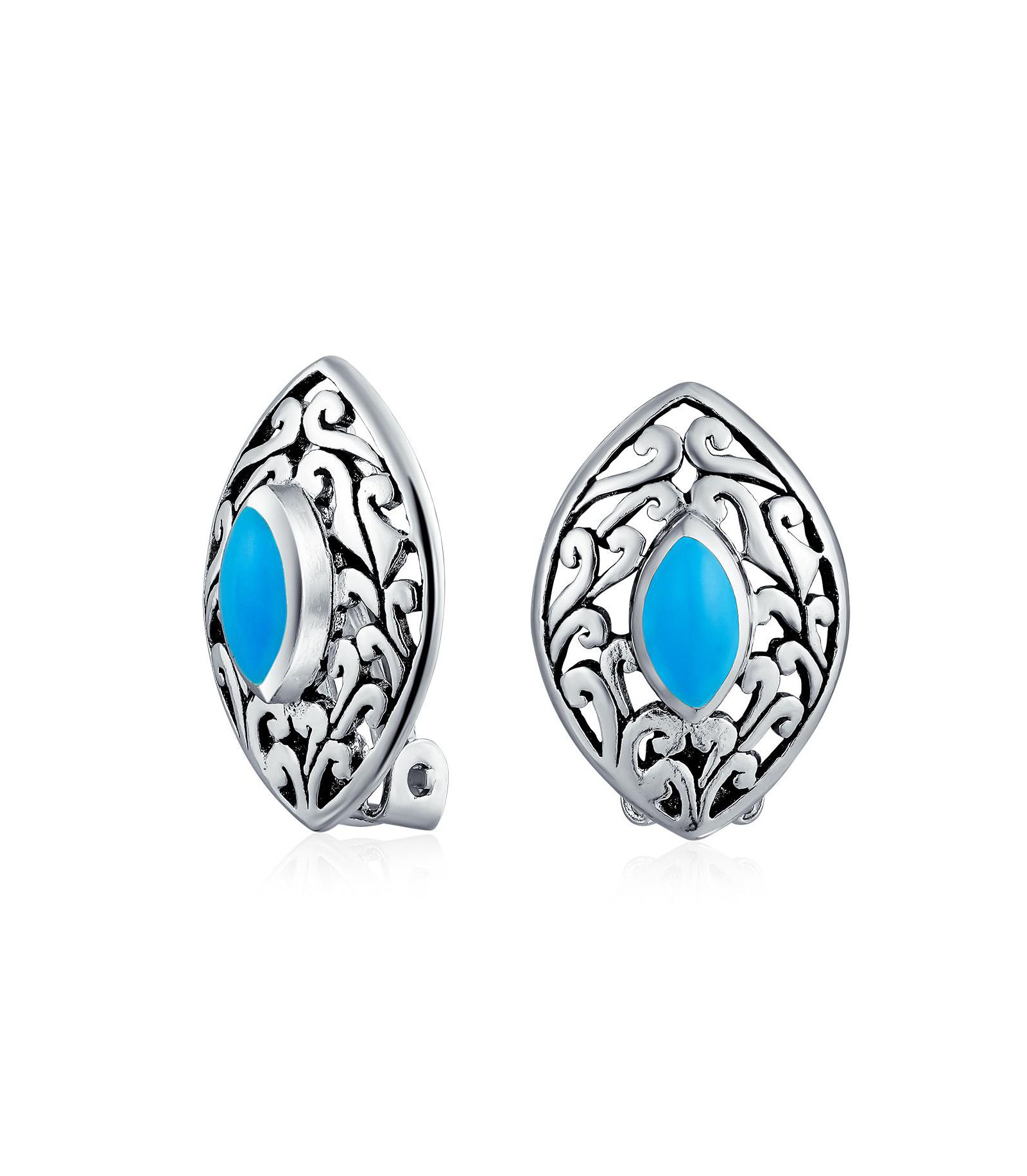 Серьги-клипсы Bling Jewelry Marquise Shape Filigree Blue Turquoise 925 Sterling Silver