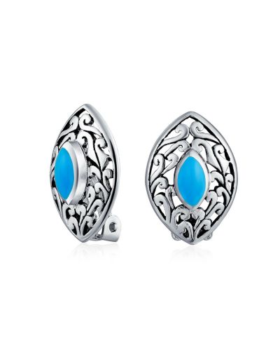 Серьги-клипсы Bling Jewelry Marquise Shape Filigree Blue Turquoise 925 Sterling Silver