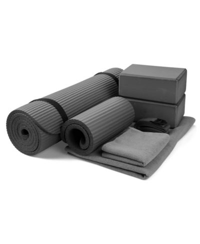 BalanceFrom Fitness 7 Piece Yoga Set with Mat, Stretch Strap and Knee Pad, Gray