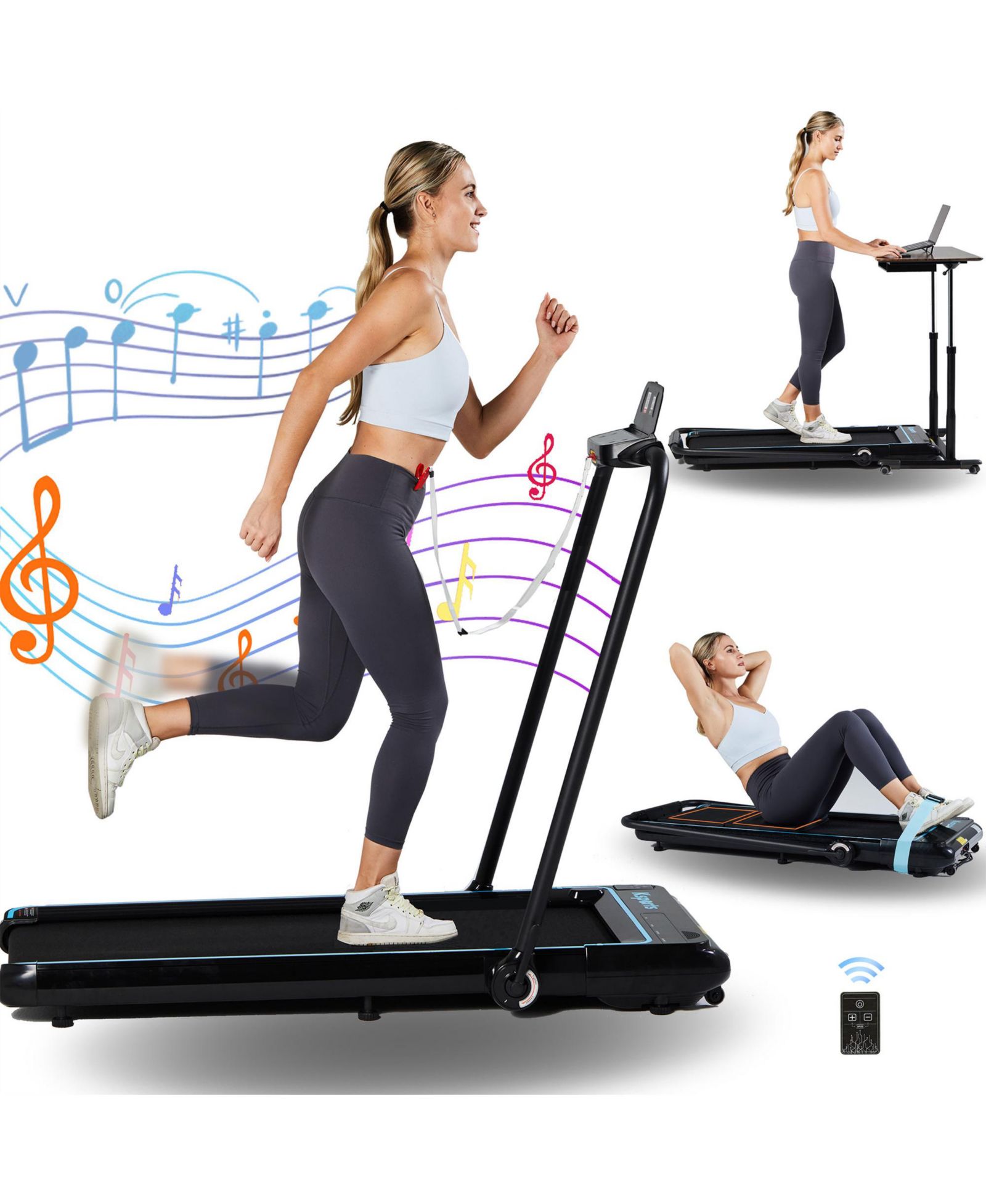 Ksports 3-in-1 Folding Electric Walking Pad Treadmill w/Ab Mat, Sit Up Strap, & Dual LED Display