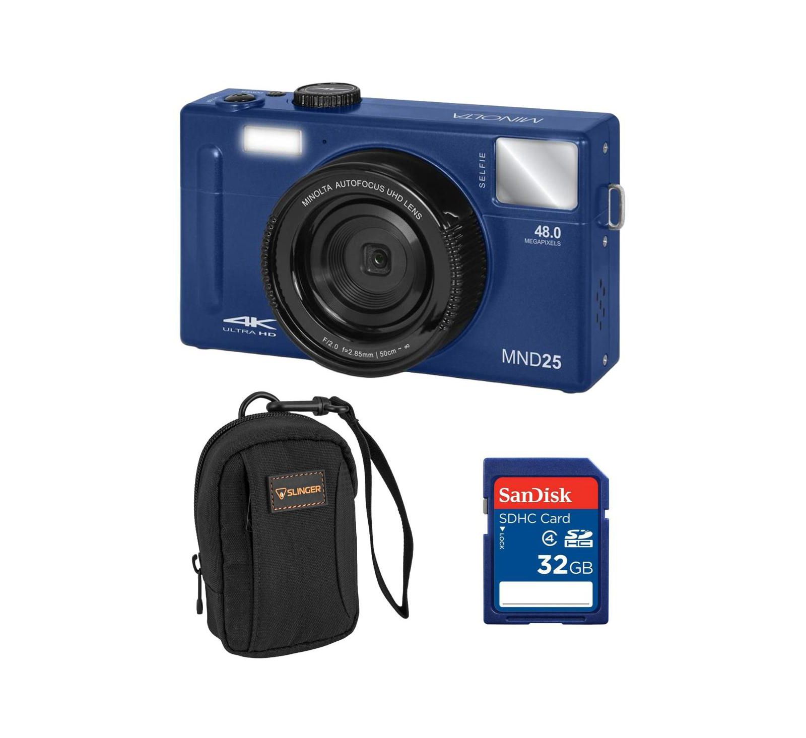 Minolta MND25 Цифровая камера, 48 MP Autofocus, 4K Ultra HD камера с зеркалом для селфи и SD картой 32GB, Blue, комплект с сумкой