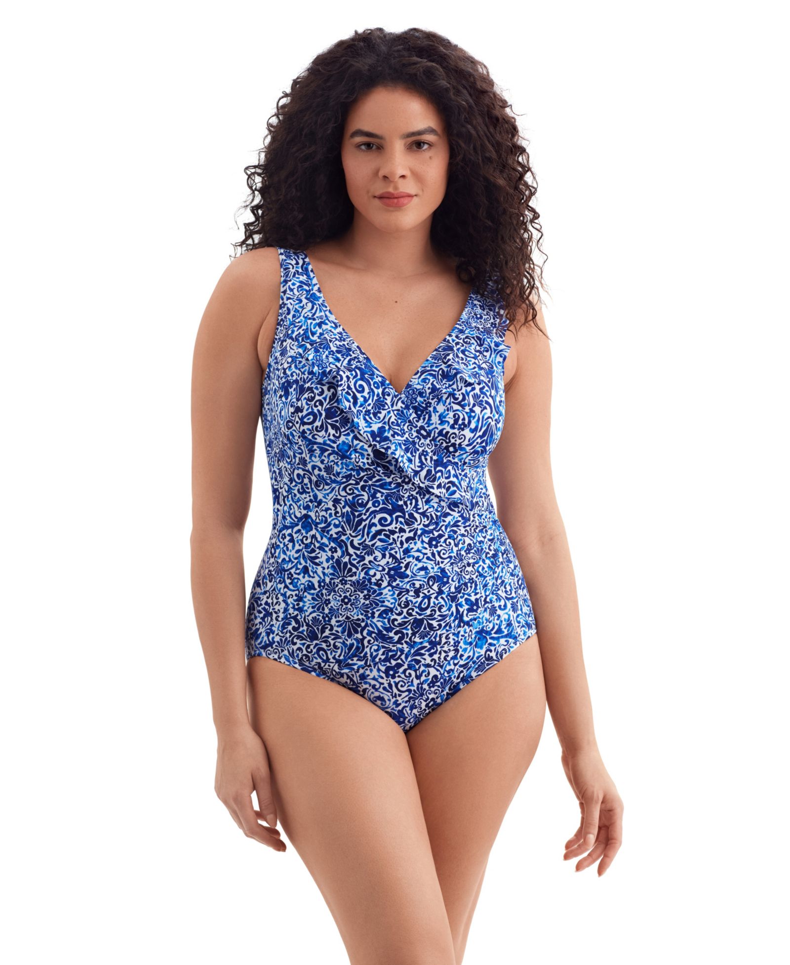 Longitude Women's Midnight Plumeria Ruffle Front Surplice Long Torso One-Piece Swimsuit