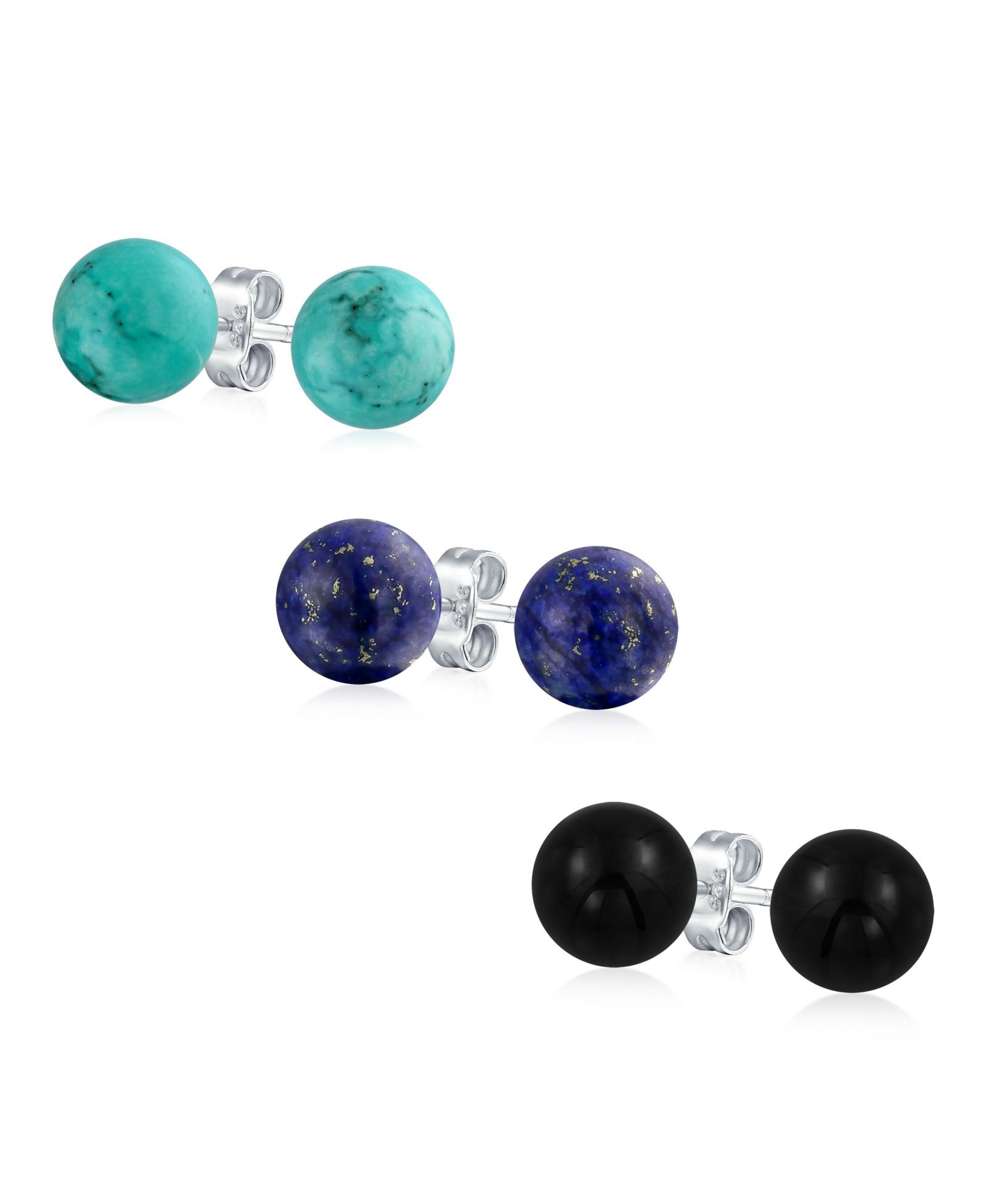 Серьги-гвоздики Bling Jewelry Classic Blue Lapis Turquoise Black Onyx Ball 10MM в стерлинговом серебре (набор из 3 шт.)