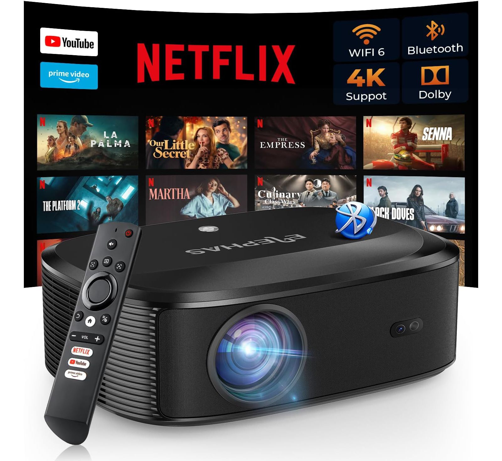4K WiFi/Bluetooth проектор ELEPHAS со встроенными Netflix, Prime Video, YouTube; совместим с HDMI/USB/iOS/Android/Windows