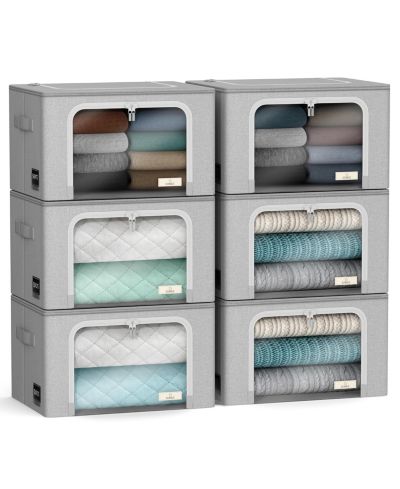 Sorbus 6 Pack Medium Foldable Storage Box - Metal Frame, Oxford Fabric, Large Window & Handles - Organization for Bedroom, Linens & Clothes