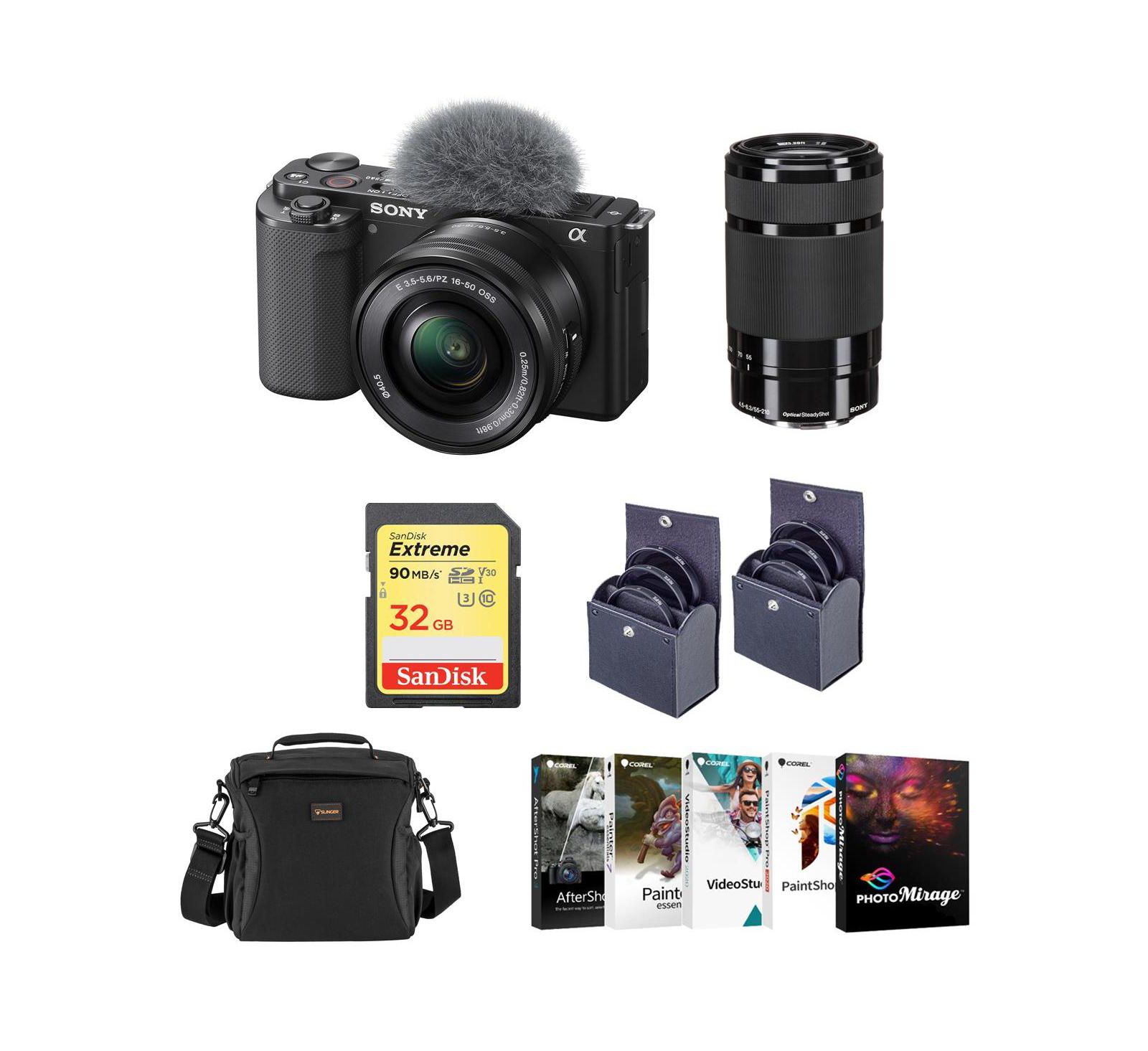 Sony ZV-E10 Camera w/16-50 and 55-210mm Lens, Black w/PC Software Kit