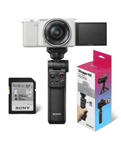 Беззеркальная камера Sony ZV-E10 APS-C с объективом 16-50mm, белая - комплект с аксессуарами Sony ACCVC1
