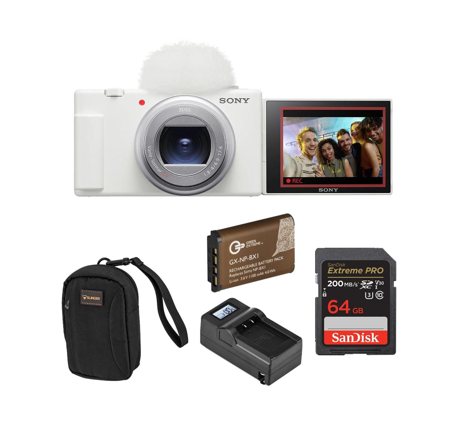 Sony ZV-1 II Vlog Camera for Content Creators and Vloggers, Bundle With Extra Battery, Smart Charger With Screen, 64GB SD Card, Slinger Camera