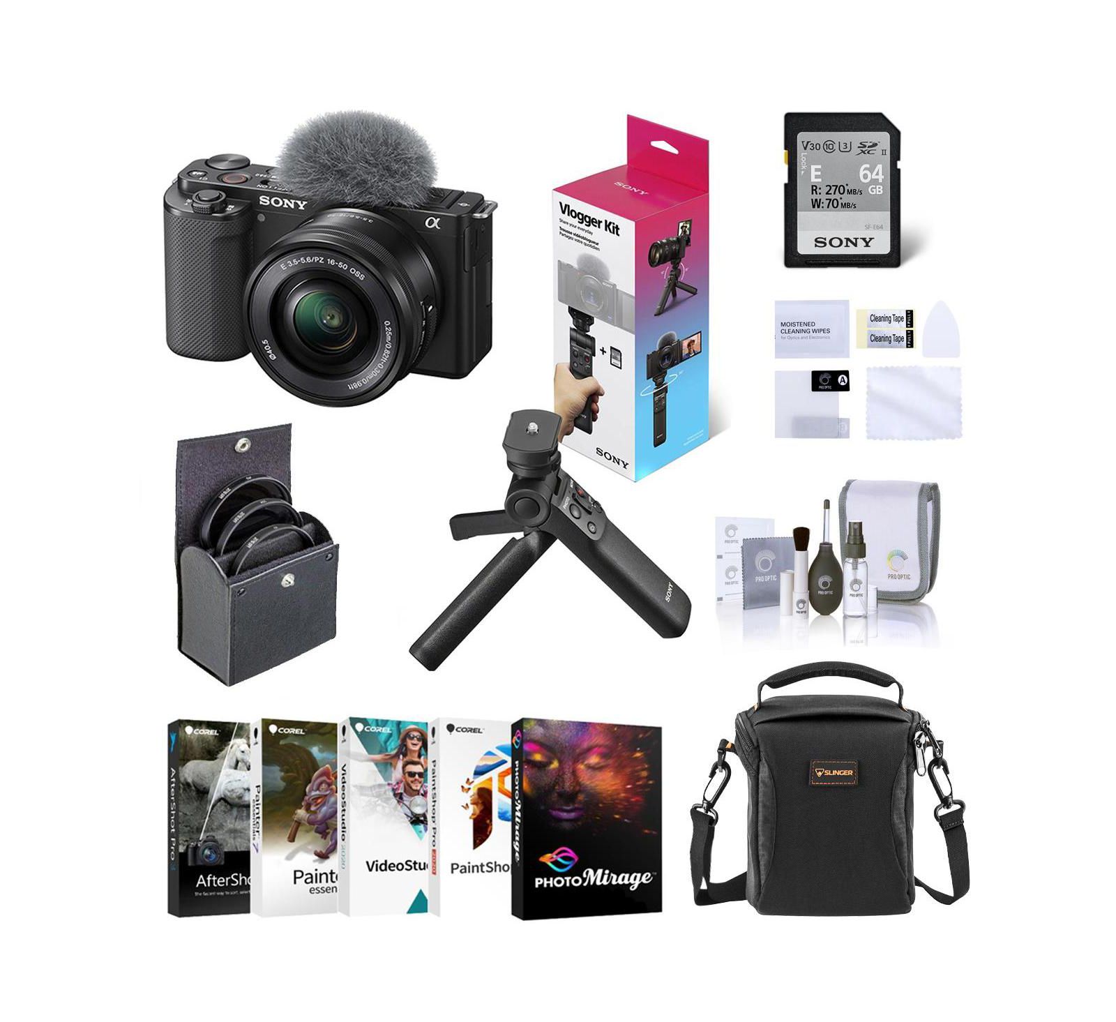 Sony ZV-E10 Mirrorless Camera w/16-50mm Lens, Black w/Grip, PC Software