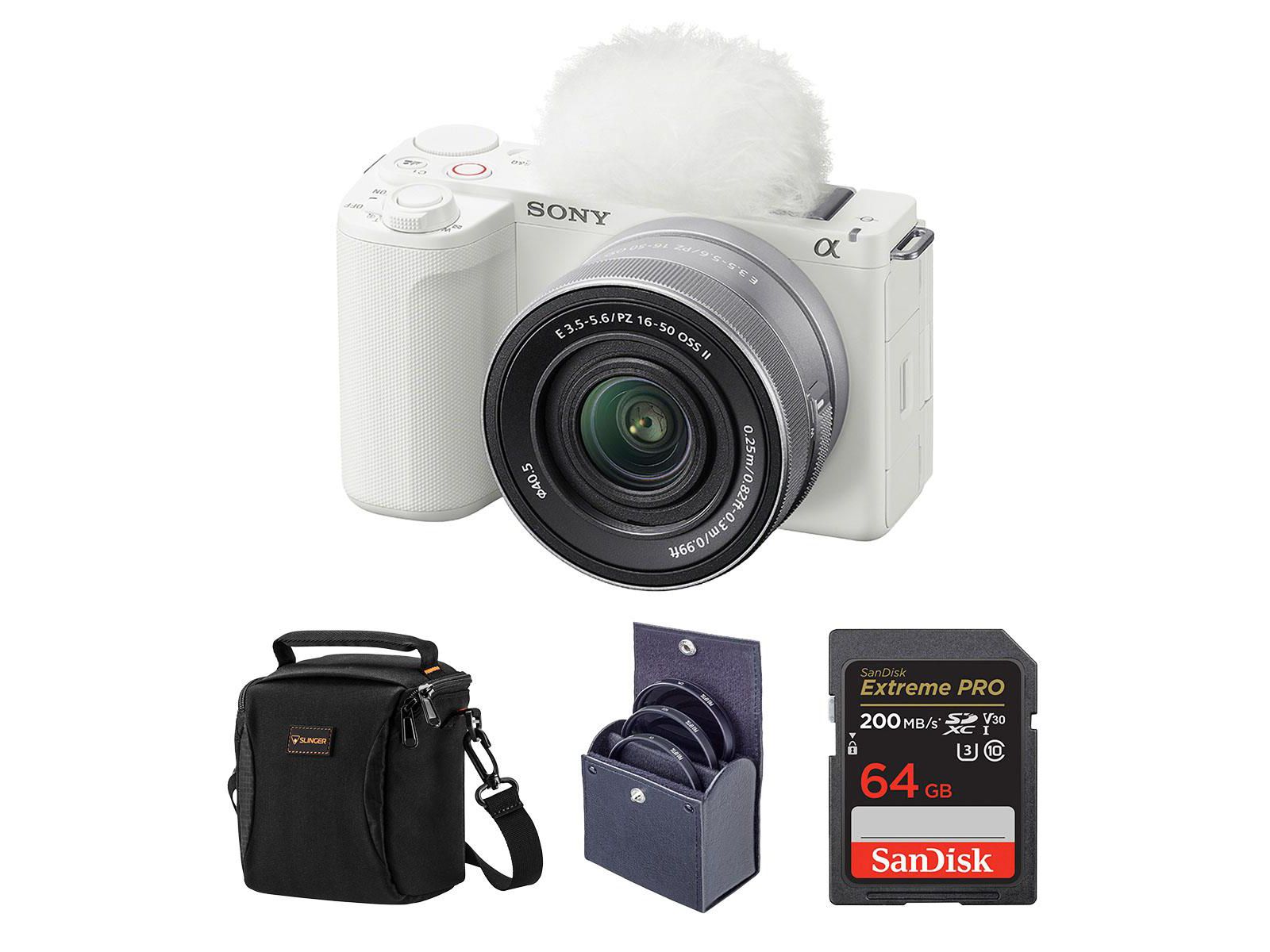 Sony Alpha ZV-E10 II беззеркальная камера с объективом E PZ 16-50mm f/3.5-5.6 OSS II, White, комплект с картой памяти 64GB, набором фильтров 40.5mm и плечевым ремнем