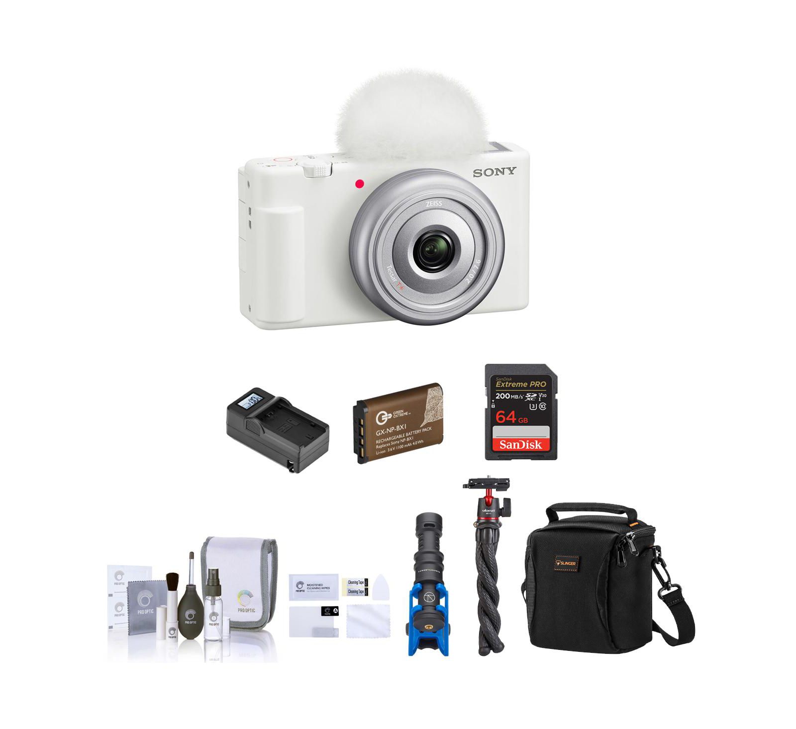 Комплект vlogging-камеры Sony ZV-1F, белый (64GB SD Card, сумка, микрофон, штатив, аккумулятор, зарядка, набор для чистки)