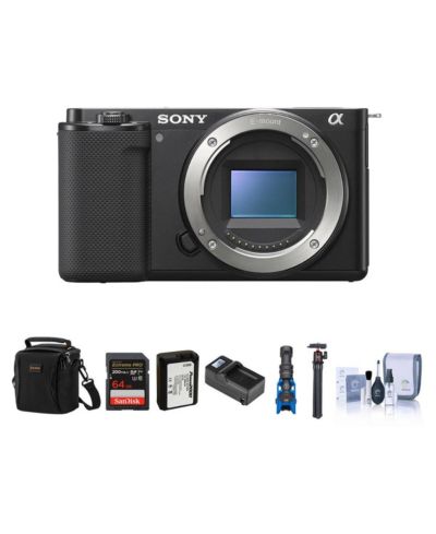 Sony ZV-E10 беззеркальная камера со сменными объективами, Black — комплект с SD Card 64GB, сумкой через плечо, микрофоном, штативом, дополнительным аккумулятором и зарядным устройством