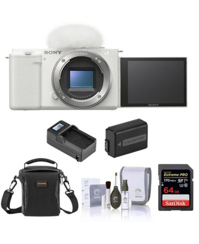 Зеркальная беззеркальная vlogging камера Sony ZV-E10 APS-C с возможностью смены объектива, белая — комплект с SD-картой 64GB, сумкой, запасным аккумулятором, зарядным устройством и средствами для чистки