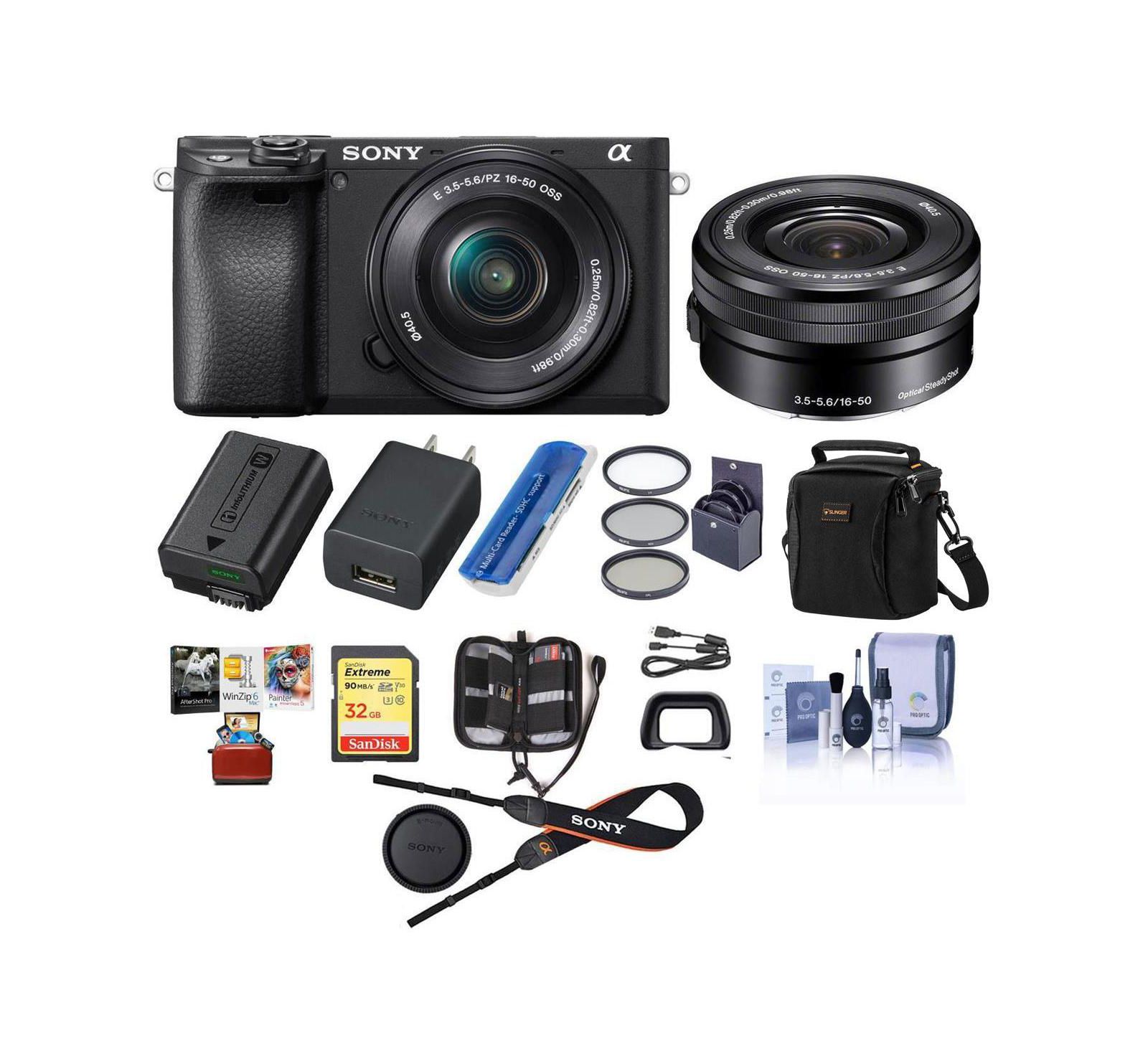 Sony Alpha a6400 Mirrorless Digital Camera с объективом 16-50mm - комплект с сумкой, SD Card 32GB, набором для чистки, картридером и чехлом для SD Card, Corel