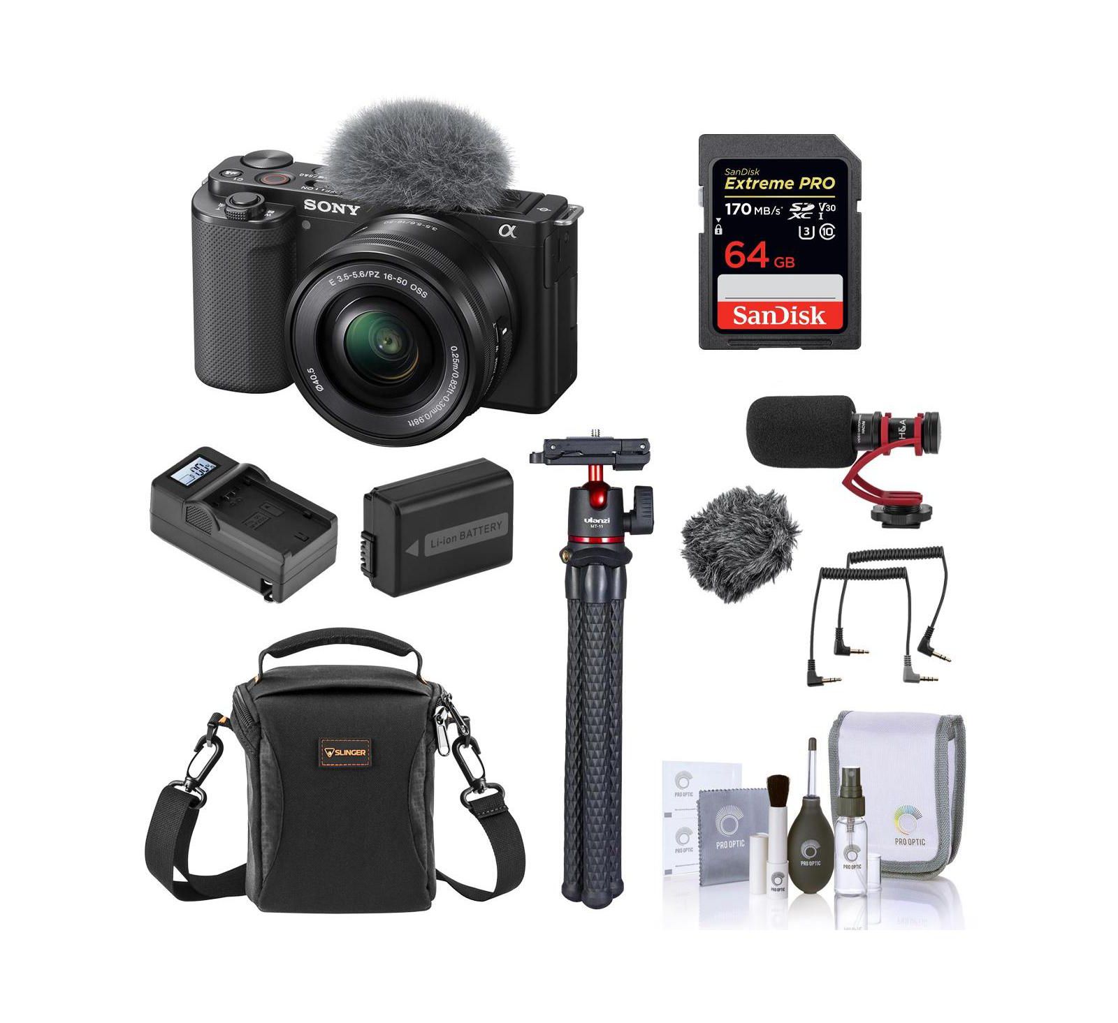 Беззеркальная камера Sony ZV-E10 с объективом 16-50mm, Black - комплект с 64GB SD Card, сумкой, микрофоном, штативом и аккумулятором