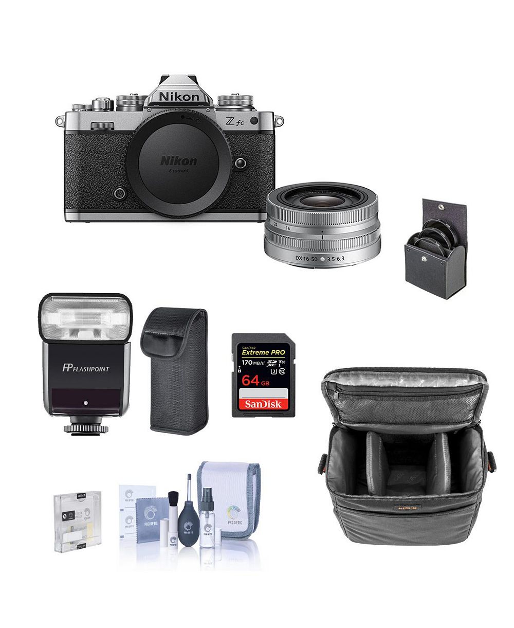 Беззеркальная камера Nikon Z fc формата DX с объективом 16-50 мм, комплект со вспышкой Flashpoint Zoom-Mini TTL R2, картой памяти SD 64 ГБ, сумкой, защитной пленкой для экрана и фильтром