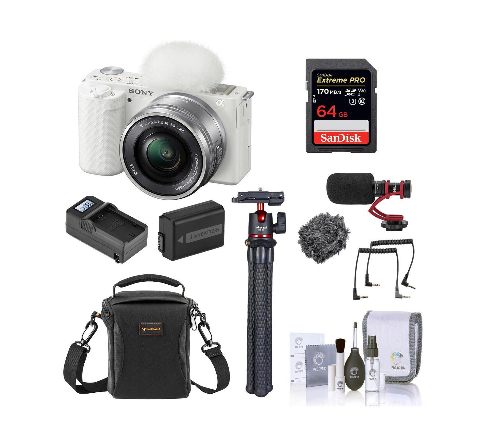 Sony ZV-E10 Mirrorless Camera w/16-50mm Lens, White, Bundle w/Accessory Kit
