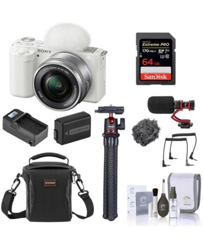 Sony ZV-E10 Mirrorless Camera w/16-50mm Lens, White, Bundle w/Accessory Kit
