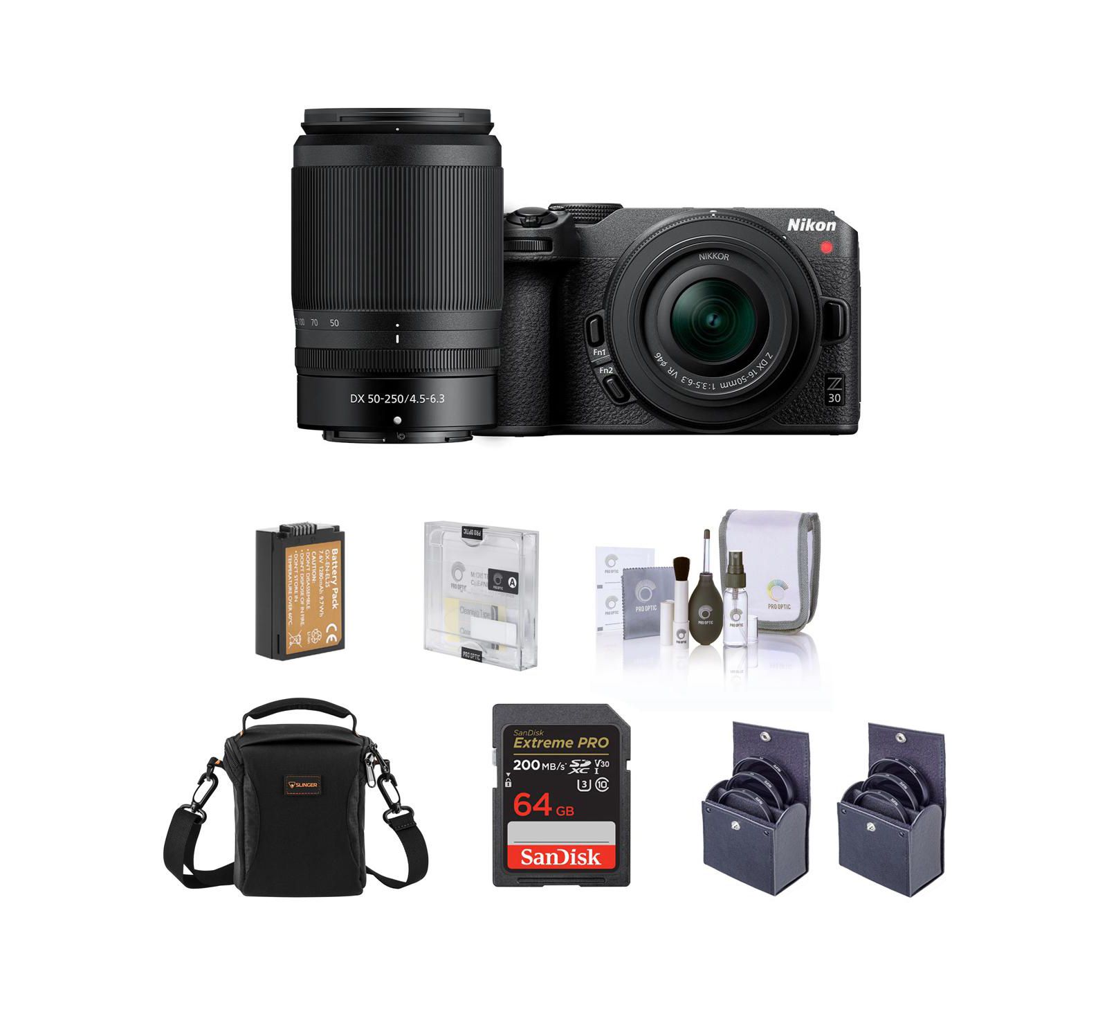Зеркальная камера Nikon Z 30 с объективами 16-50mm и 50-250mm, комплект с SD картой 64GB, сумкой, аккумулятором и защитными фильтрами