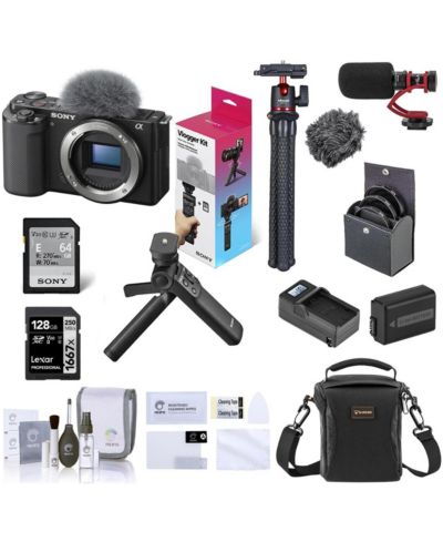 Sony ZV-E10 Mirrorless Camera w/Lens Black w/Shooting Grip, Essentials Kit