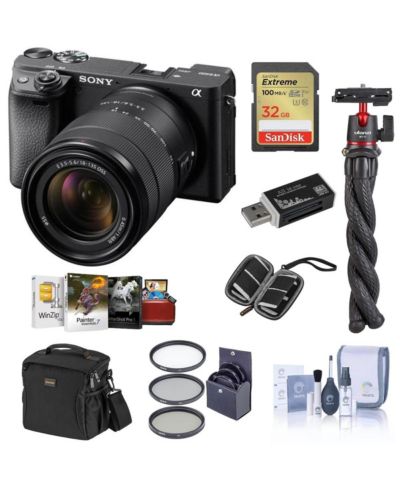 Цифровая беззеркальная камера Sony Alpha a6400 с объективом 18-135mm — комплект с сумкой, SD-картой 64GB, комплектом для чистки, чехлом для SD-карты и штативом