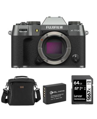 Зеркальный фотоаппарат Fujifilm X-T50, Charcoal Silver, комплект с Li-Ion аккумулятором, картой памяти 64GB SDXC и сумкой через плечо