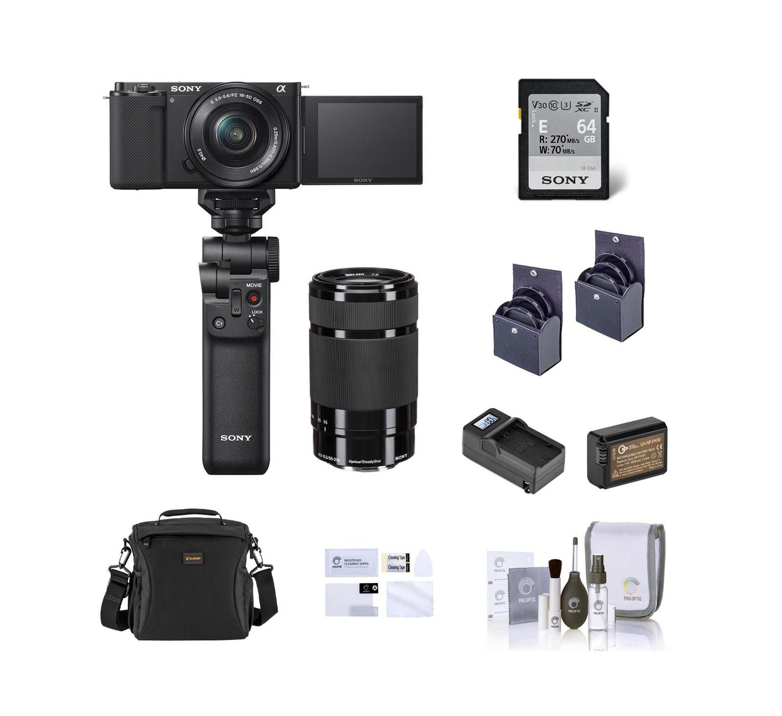 Sony ZV-E10 Camera w/16-50 and 55-210mm Lens, Black, w/Shooting Grip, Battery