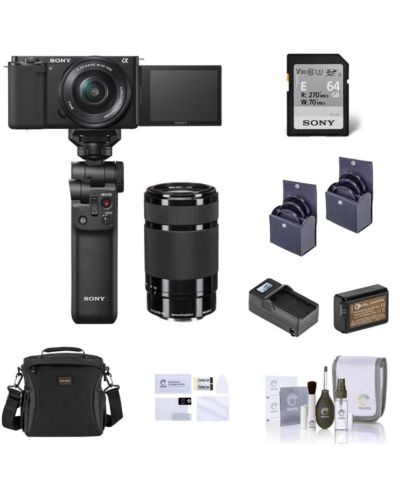 Sony ZV-E10 Camera w/16-50 and 55-210mm Lens, Black, w/Shooting Grip, Battery