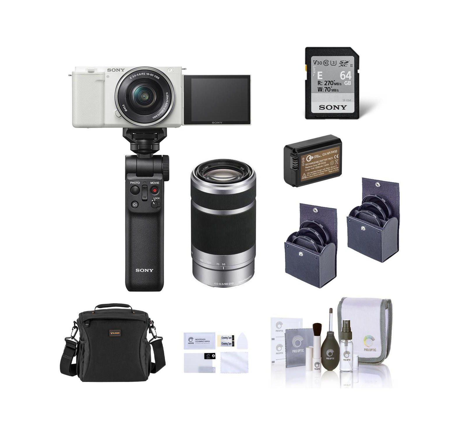 Sony ZV-E10 Camera, White w/16-50 and 55-210mm Lens, w/Shooting Grip,Battery