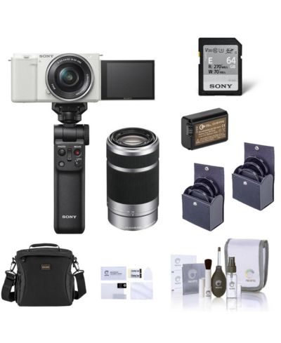Sony ZV-E10 Camera, White w/16-50 and 55-210mm Lens, w/Shooting Grip,Battery