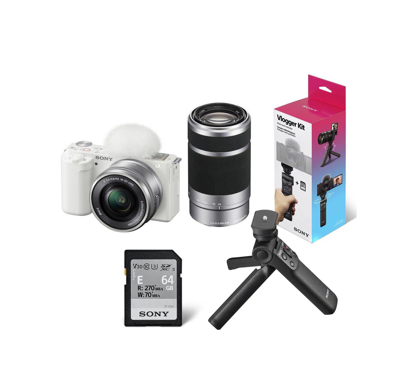 Sony ZV-E10 Mirrorless Camera w/16-50  55-210mm Lens,White  Shooting Grip