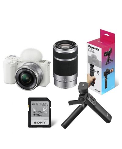 Sony ZV-E10 Mirrorless Camera w/16-50  55-210mm Lens,White  Shooting Grip