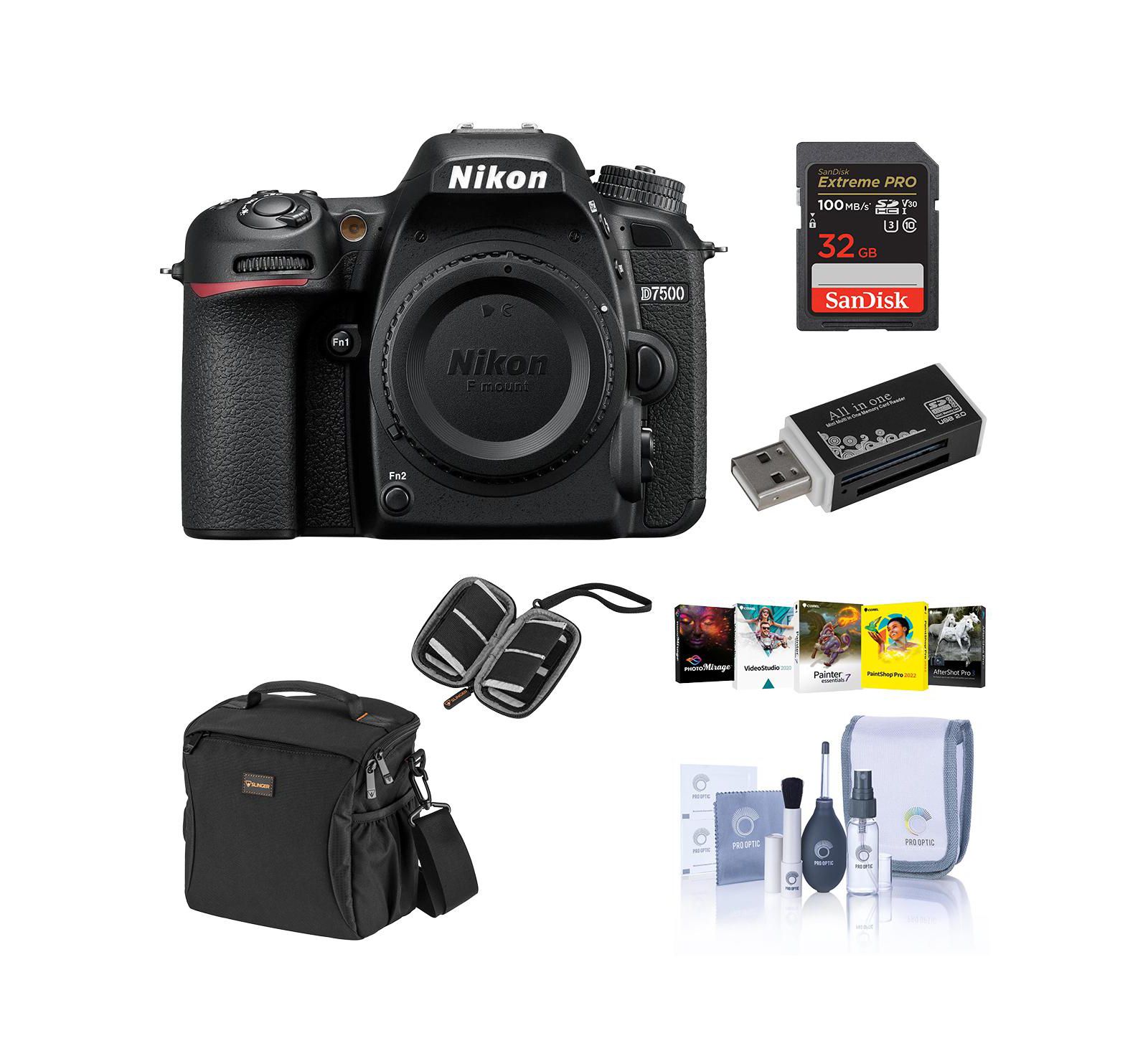 Nikon D7500 DX-format цифровая зеркальная камера, Black, комплект с 32GB SDHC картой, сумкой, набором для чистки, кошельком для карт, картридером и ПО для ПК