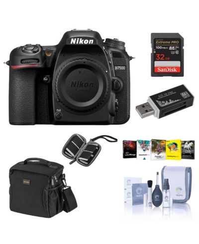 Nikon D7500 DX-format цифровая зеркальная камера, Black, комплект с 32GB SDHC картой, сумкой, набором для чистки, кошельком для карт, картридером и ПО для ПК