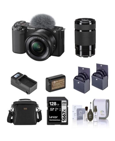 Зеркальный влог-камера Sony ZV-E10 с объективом 16-50mm, Black - комплект с объективом E 55-210mm f/4.5-6.3 OSS, SD Card 128GB, сумка на плечо, дополнительный аккумулятор