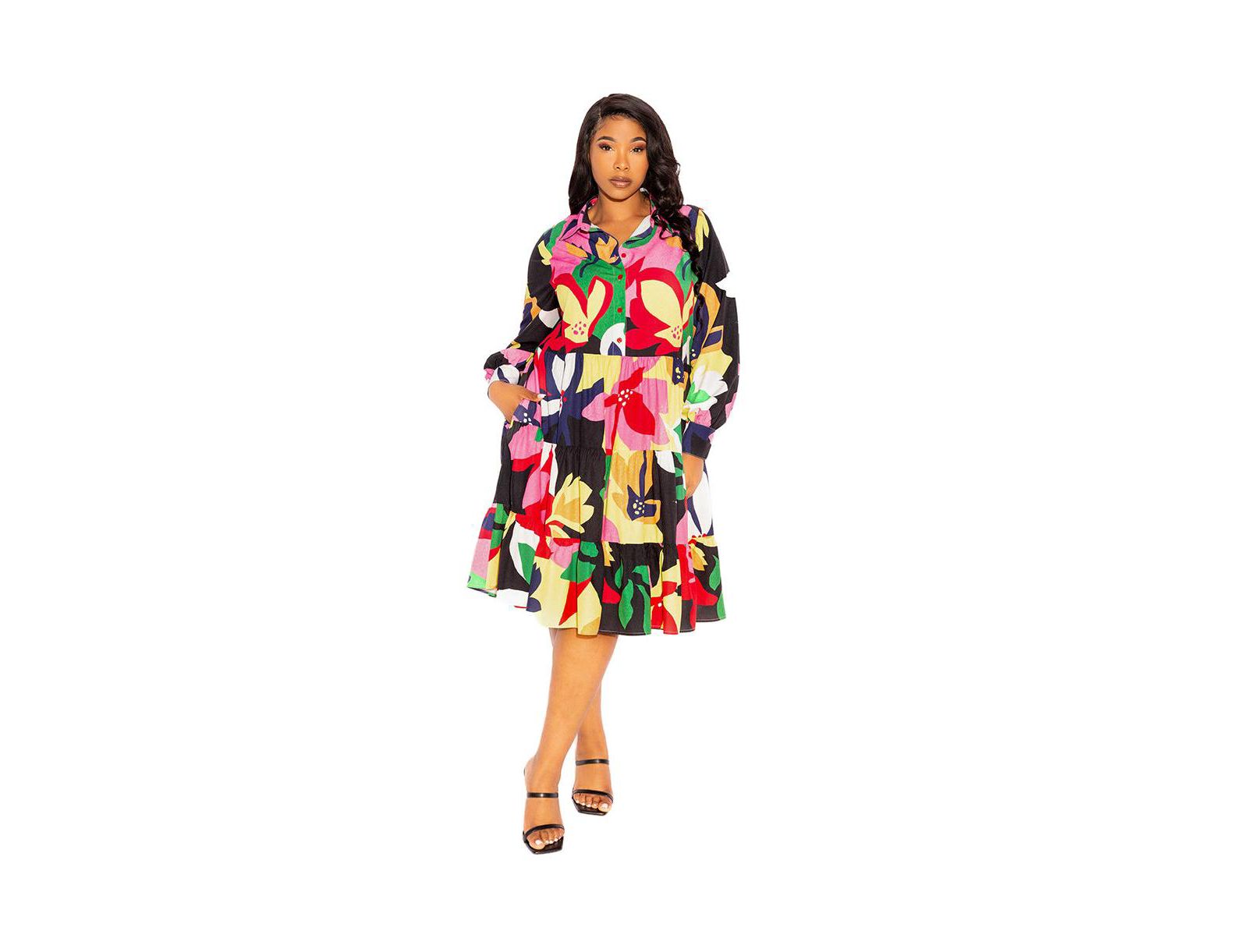 Buxom Couture Plus Size Floral Long Sleeve Tiered Shirt Dress
