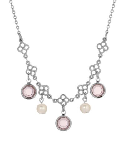 2028 Silver-Tone Crystal Faux Cultivated Pearl Bib Necklace