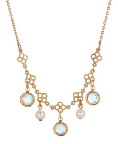 2028 Gold Tone Crystal Faux Cultivated Pearl Bib Necklace
