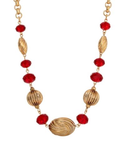 2028 ожерелье с красными стеклянными бусинами Gold-Tone