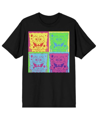 SpongeBob SquarePants Men's Neon Squares Crew Neck Short Sleeve Black T-shirt-Large