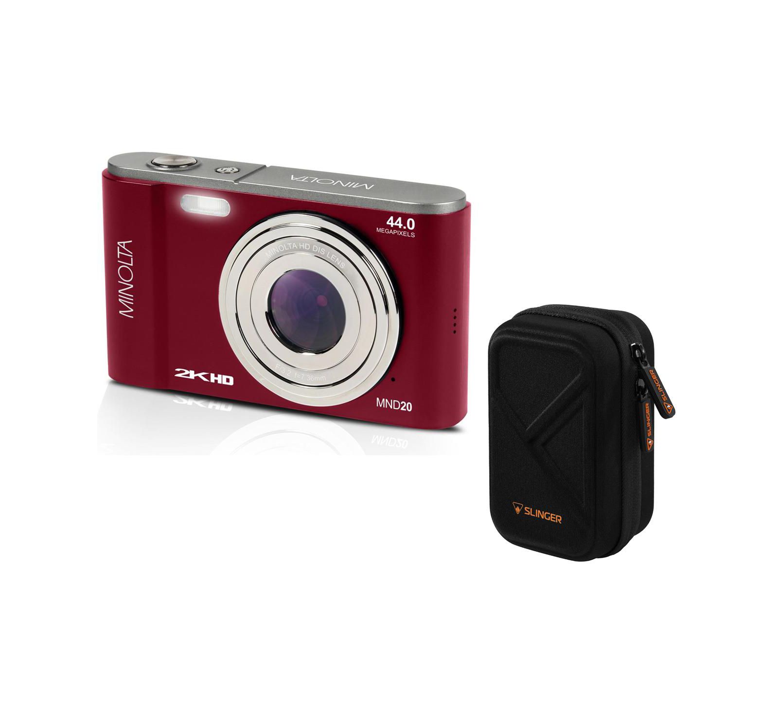 Minolta MND20 44MP 2.7K QHD 2.9" LCD Screen Digital Camera, Red, With Case