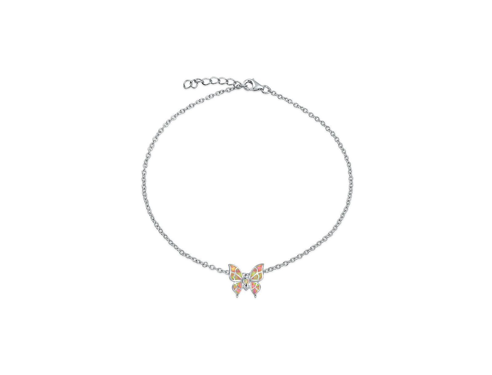 Браслет на ногу Bling Jewelry Summer Garden Opalescent Butterfly Pink Opal с подвеской из стерлингового серебра.925