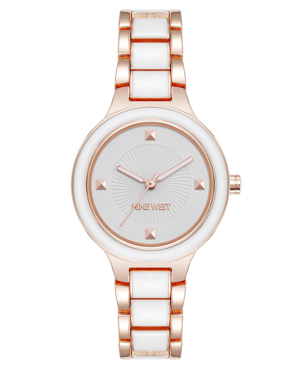 Женские часы Nine West Quartz Round White Enamel and Rose Gold-Tone Metal Alloy 32mm